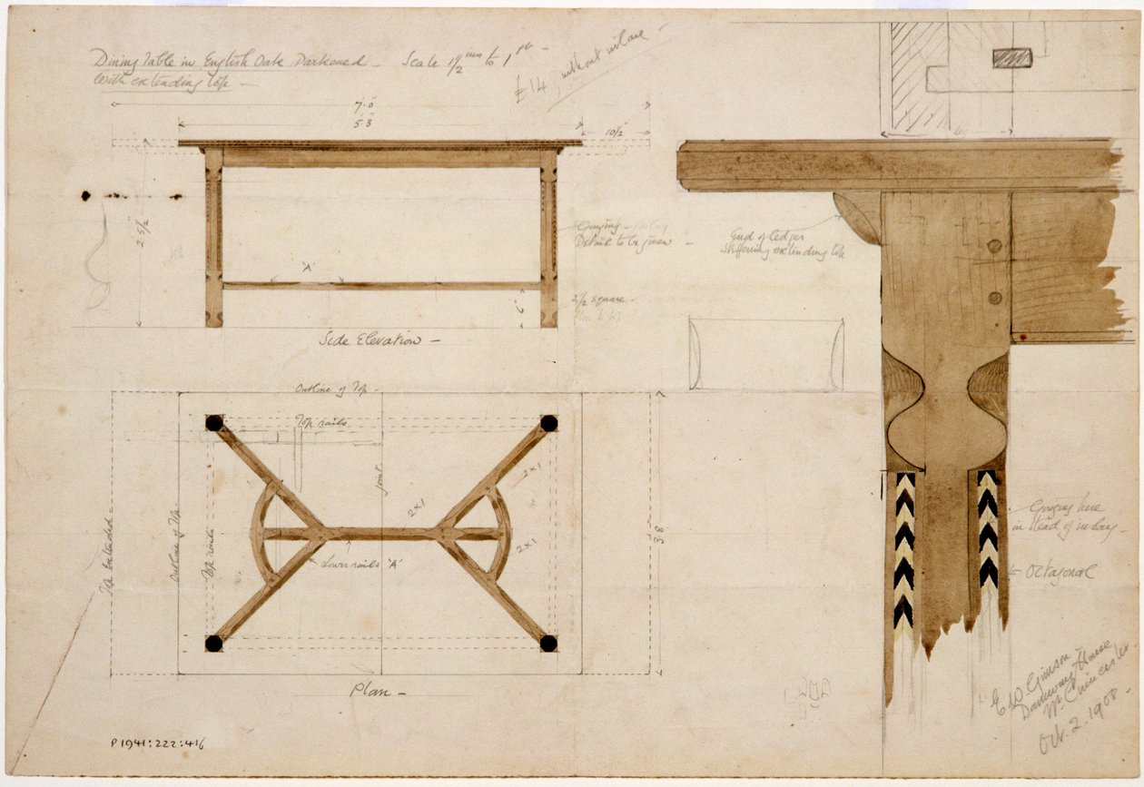 Design para uma mesa de jantar em carvalho inglês, escurecido, com uma maca de hayrake, 02 de outubro de 1908 (caneta e tinta e wc no papel) de Ernest William Gimson