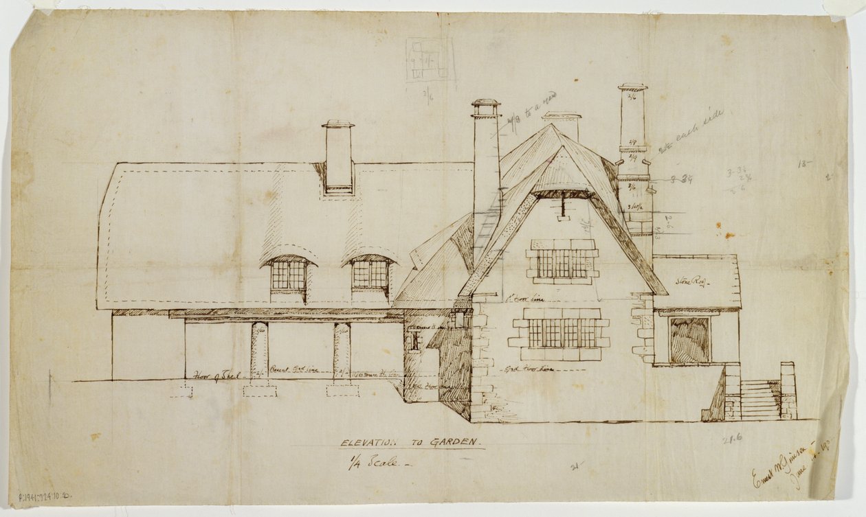Elevação do jardim da casa de campo, Sapperton, 14 de junho de 1902 (tinta sobre linho) de Ernest William Gimson