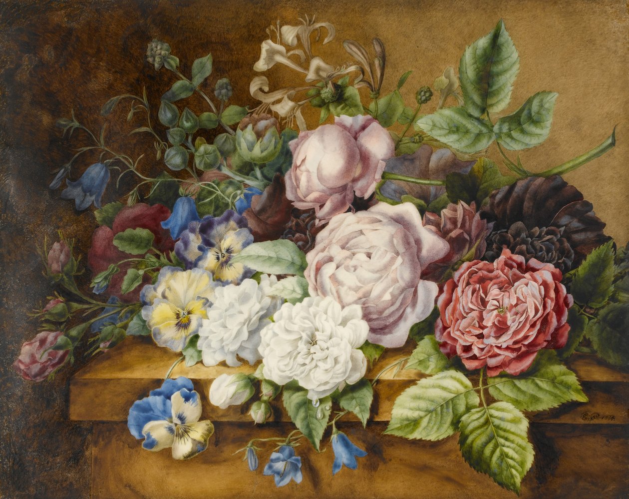 Flores em um Ledge, 1814 (wc e bodycolour no papel) de Ernestine Panckoucke