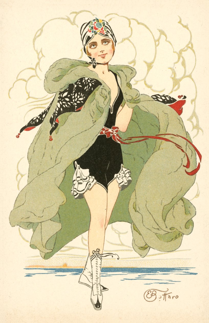 Rapariga bonita com fato de banho com folhos e capa (litografia a cores) de Ernesto Bottaro