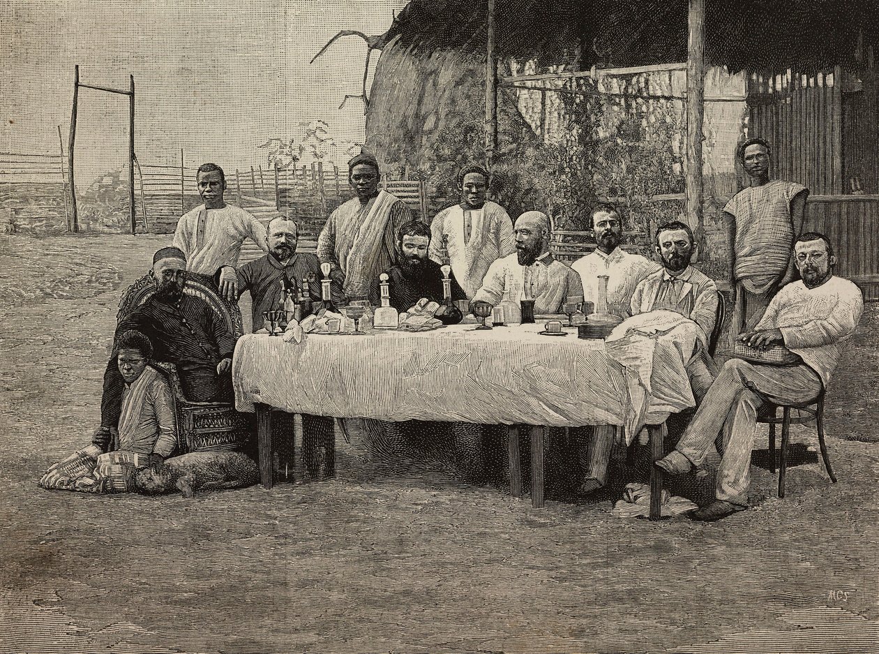 Banquete da sociedade anti-escravidão no consulado italiano em Boma, República Democrática do Congo, gravada por Ernesto Mancastropa a partir de fotografia de Giuseppe Corona, de L