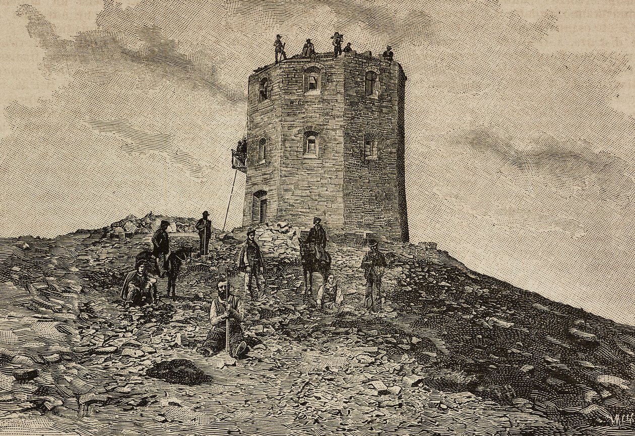 Torre de asilo e Observatório no Monte Cimone, Itália, gravura de Ernesto Mancastroppa de L