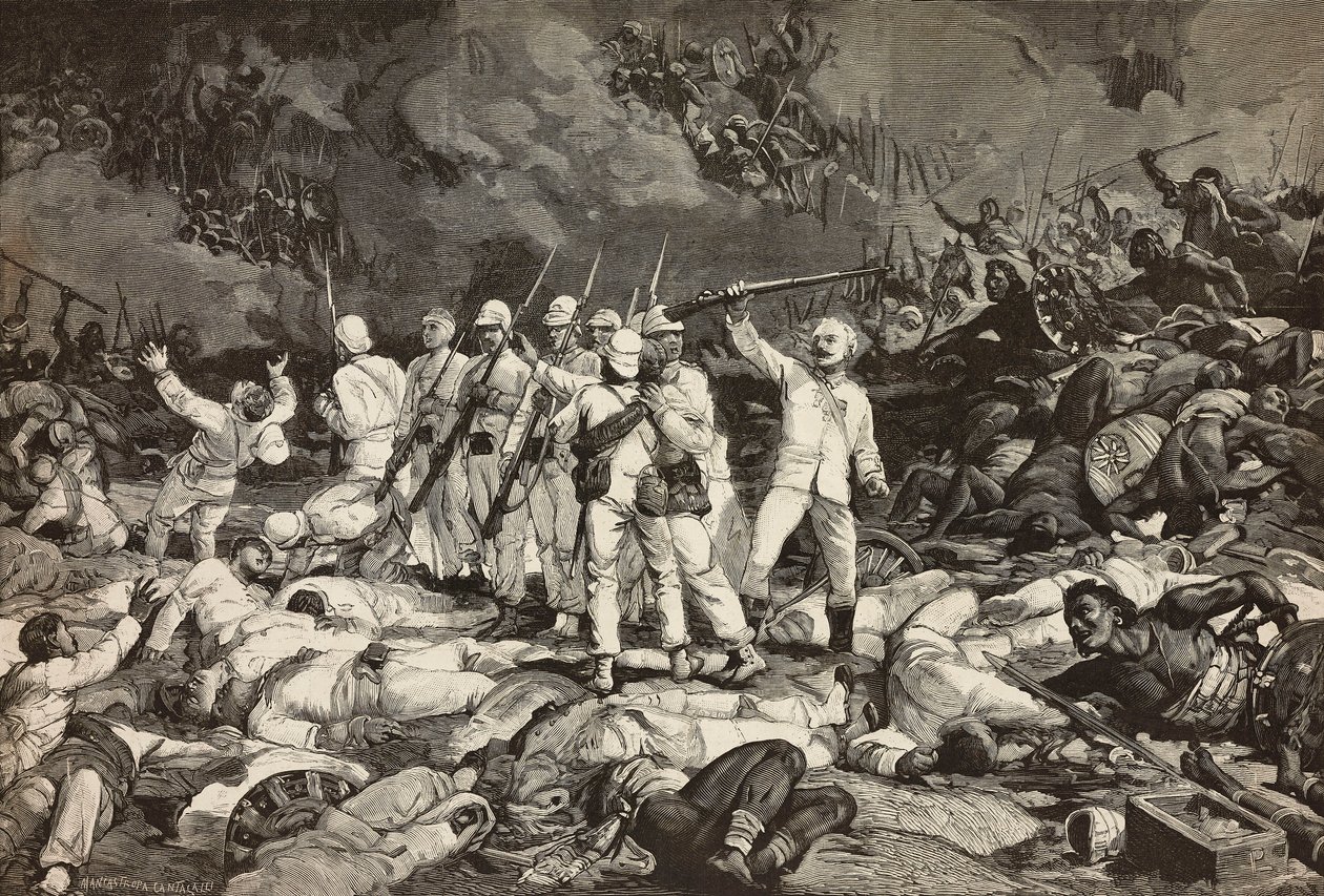 Batalha de Dogali, últimos sobreviventes apresentando armas, saudação caída, Guerra da Eritreia, gravura de Ernesto Mancastroppa e Cantagalli de desenho e composição de Ludovico Pogliaghi, de L