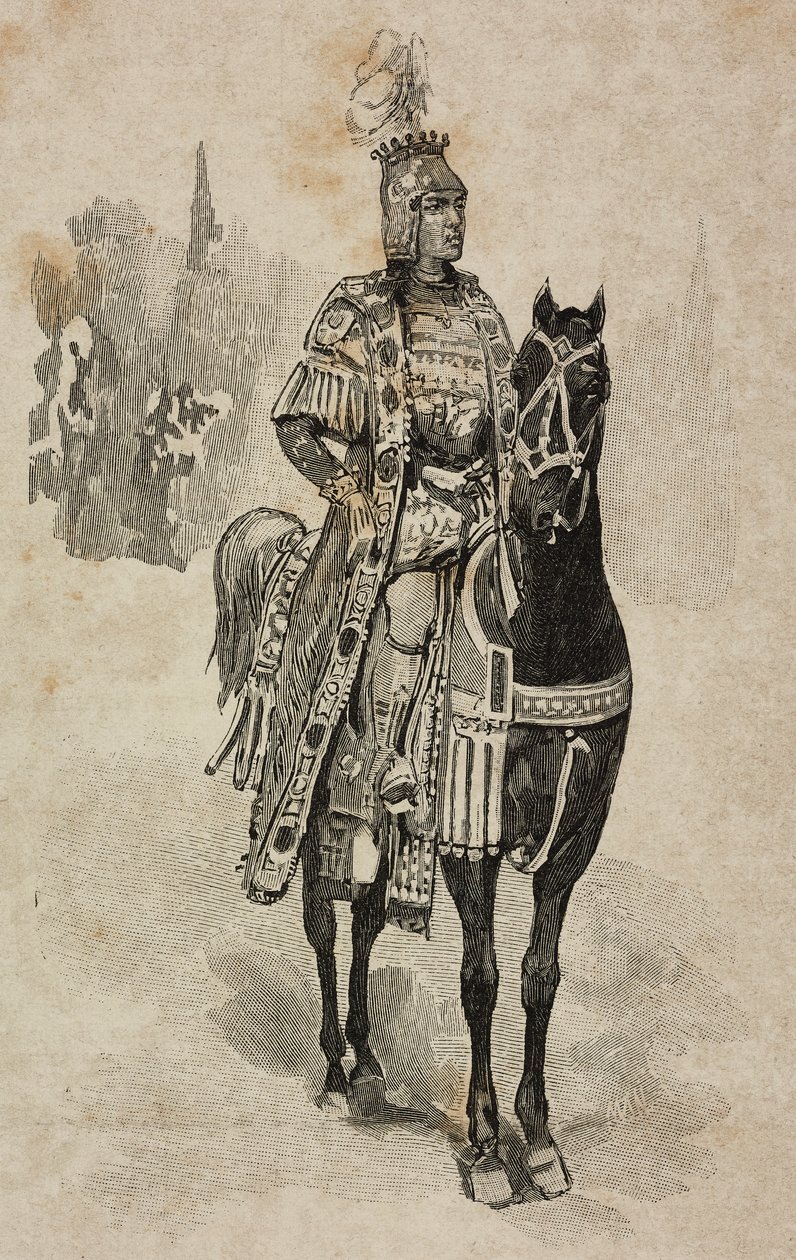Duque de Aosta Emanuele Filiberto de Saboia em traje de Umberto Biancamano no torneio da Villa Borghese por ocasião das bodas de prata de Umberto I e Margherita de Saboia, Roma, Itália de Ernesto Mancastroppa