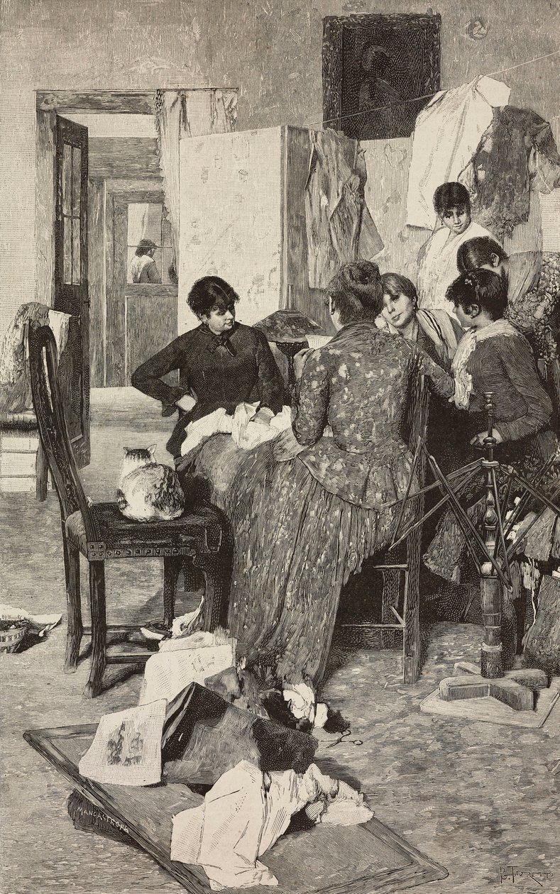 El me dise la so rossa, mulher lendo carta, de pintura de Giacomo Favretto, gravura de Ernesto Mancastropa de L
