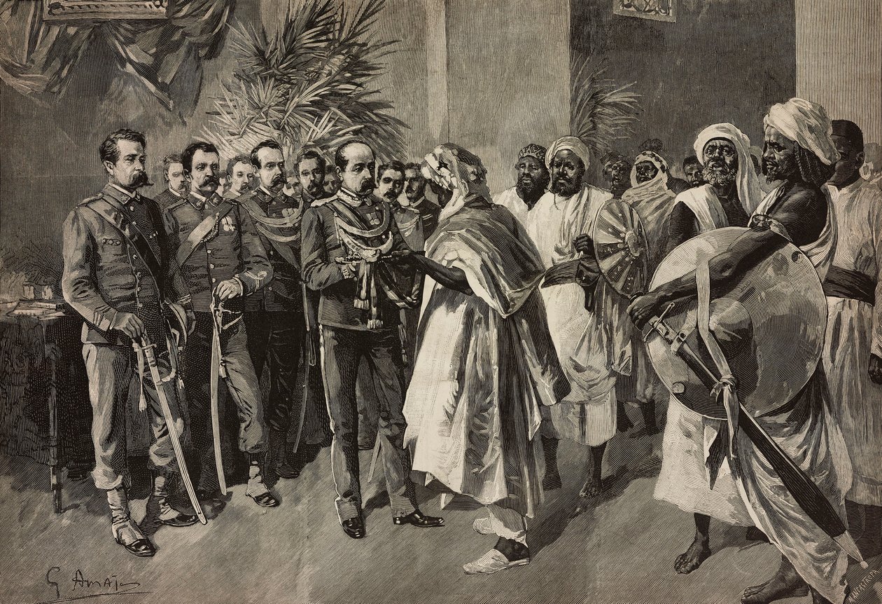General Tancredi Saletta oferecendo espada ao Kantibai, Chefe de Abab, Massawa, Guerra da Eritreia, gravura de Ernesto Mancastroppa de desenho de G Amato, de L