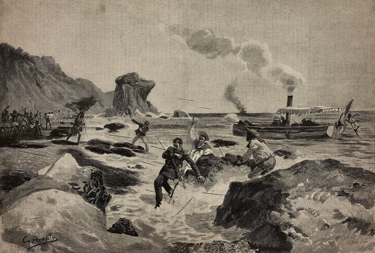 Assassinato do tenente Carlo Zavagli (1867-1890) em Warsheikh, na Somália, 24 de abril, gravura de Ernesto Mancastropa a partir de desenho de Gennaro Amato, de L