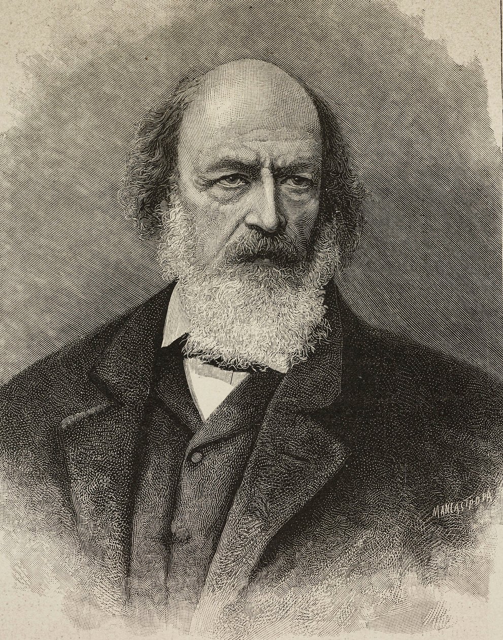 Retrato de Alfred Tennyson (1809-1892), poeta britânico, gravura de Ernesto Mancastroppa a partir de fotografia de Barraud, de L