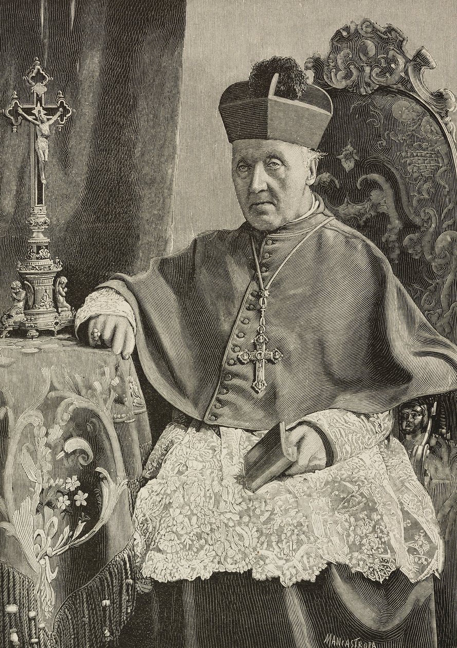 Retrato de Luigi Nazari de Calabiana (1808-1893), político italiano e arcebispo de Itália, gravado por Ernesto Mancastropa após foto de Ganzini e Gabriel, de L