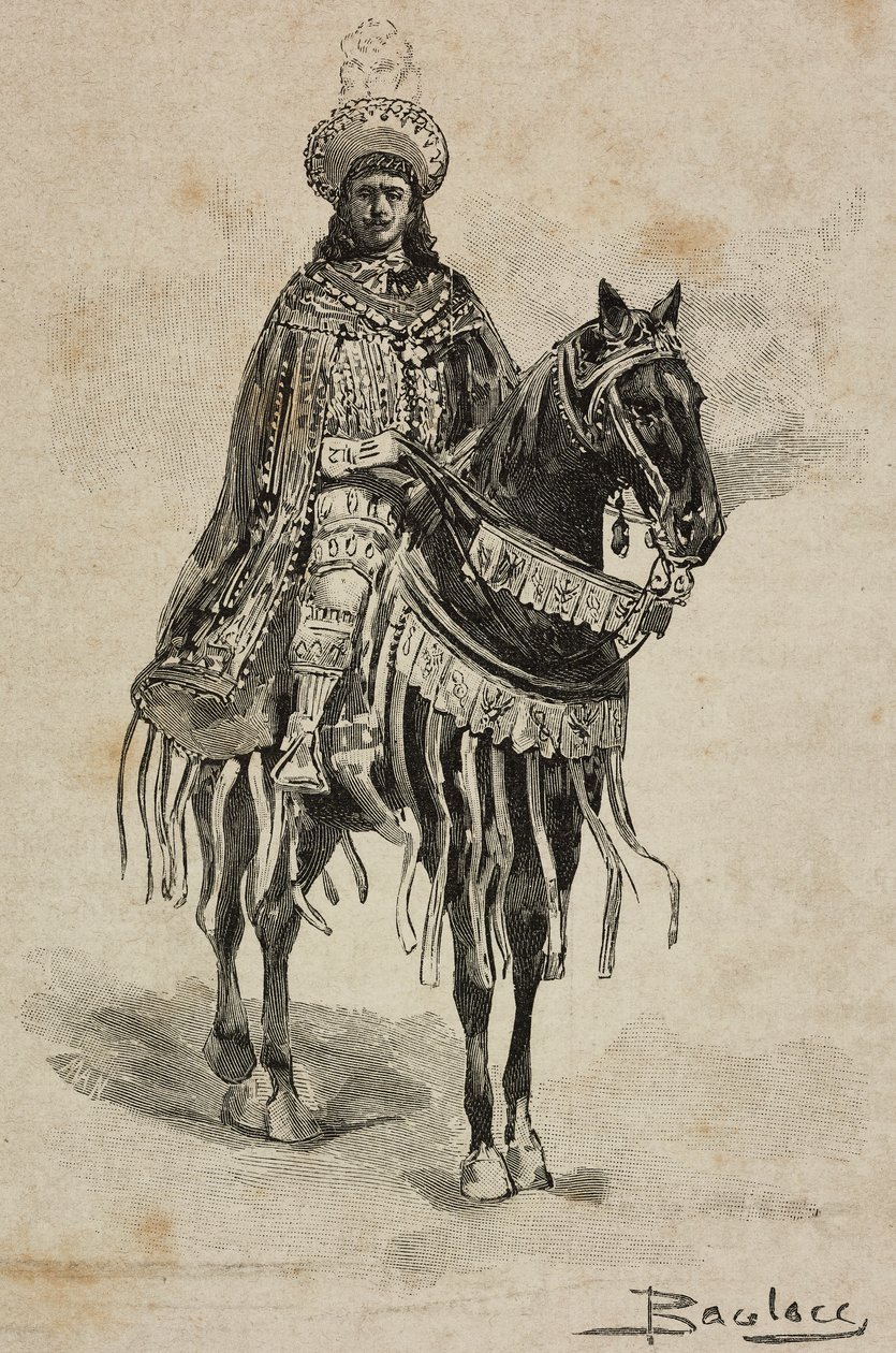 Príncipe de Nápoles em traje de Grão-Mestre da Ordem da Anunciação no Torneio da Villa Borghese por ocasião das bodas de prata de Umberto I e Margherita de Saboia, Roma, Itália de Ernesto Mancastroppa