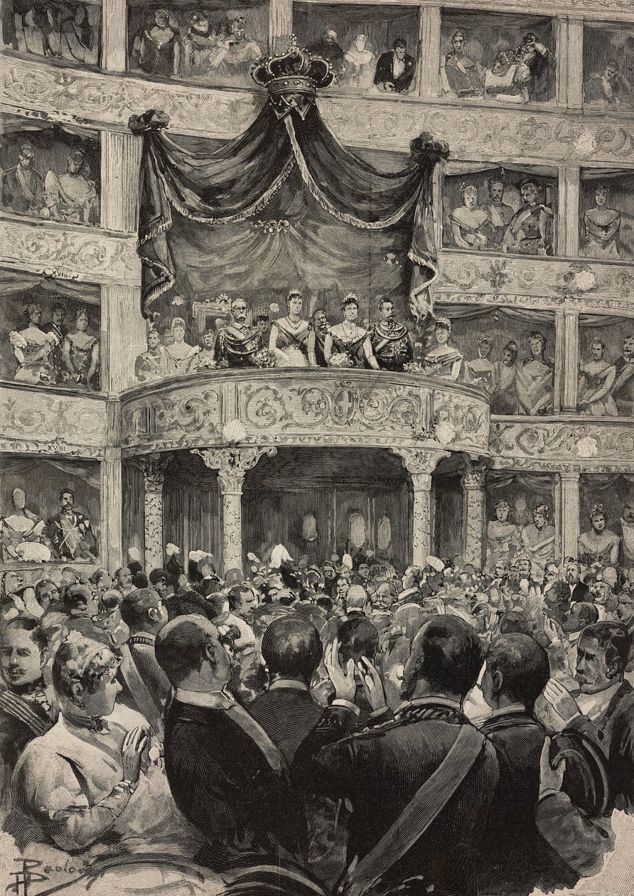 Umberto I e Margherita de Saboia, acompanhados pelos soberanos da Alemanha, no Teatro Argentina por ocasião das bodas de prata, 21 de abril de Ernesto Mancastroppa