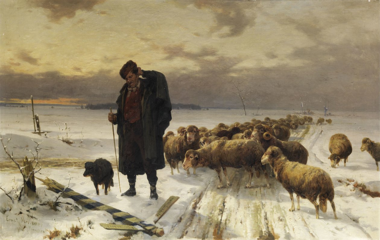 Pastor, com, rebanho, em, paisagem inverno de Adolf Ernst Meissner