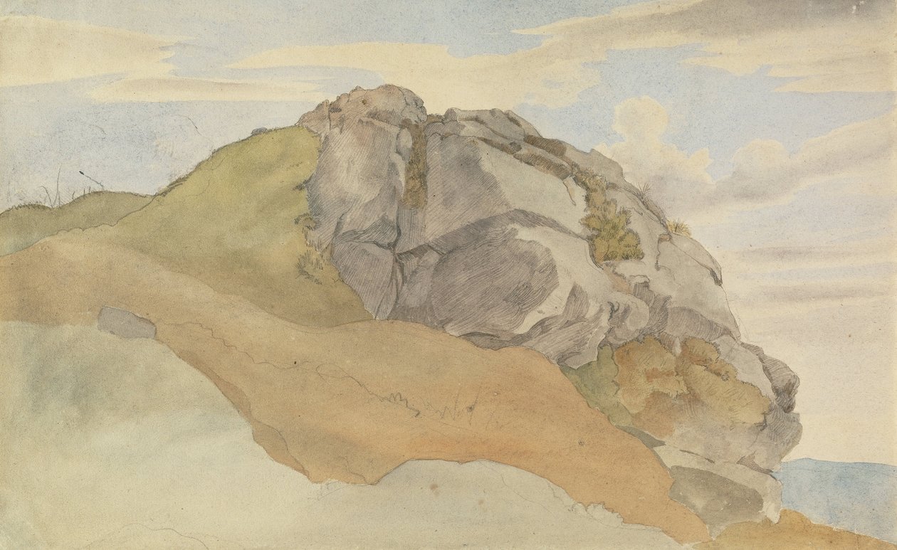 Outcropping rochoso (recto), floresta rochosa com carrinhos de criança (verso) de Ernst Ferdinand Oehme