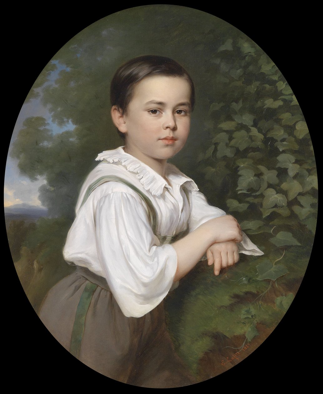 Retrato, de, um, menino, frente, campo, fundo de Ernst Lafite