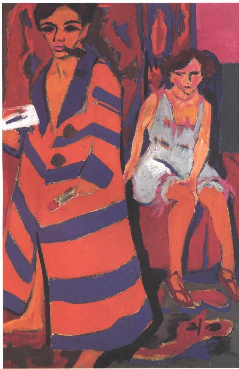 Auto-retrato com ModellnEnglish: Selfportrait with modeling de Ernst Ludwig Kirchner