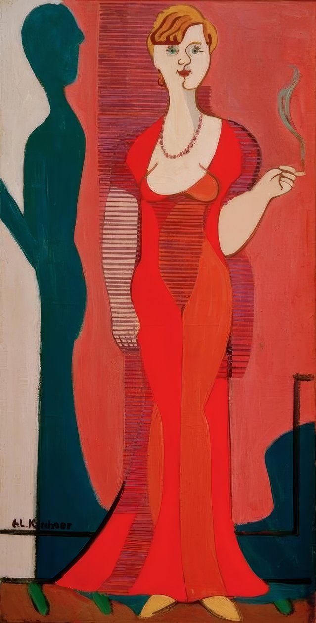 Mulher loira de vestido vermelho. Retrato Elisabeth Hembus de Ernst Ludwig Kirchner