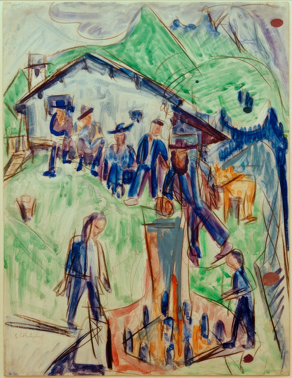 ELKirchner, agricultores na fonte em frente à cabana de Stafelalp de Ernst Ludwig Kirchner
