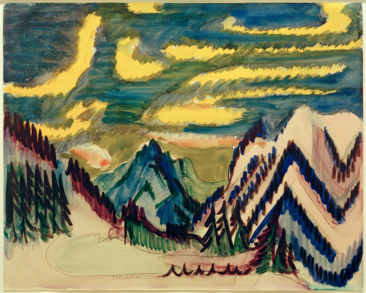 ElKirchner, Davos paisagem montanhosa com nuvens amarelas de Ernst Ludwig Kirchner