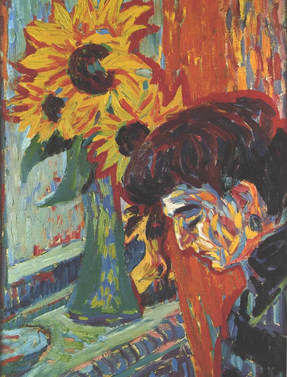 Cabeça de mulher na frente de girassóis de Ernst Ludwig Kirchner