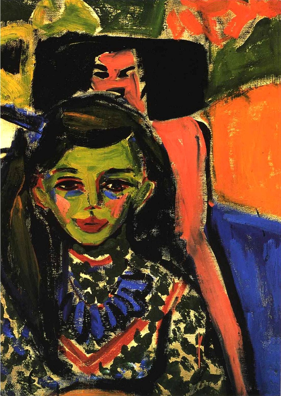 Fränzi na frente de uma cadeira esculpida de Ernst Ludwig Kirchner
