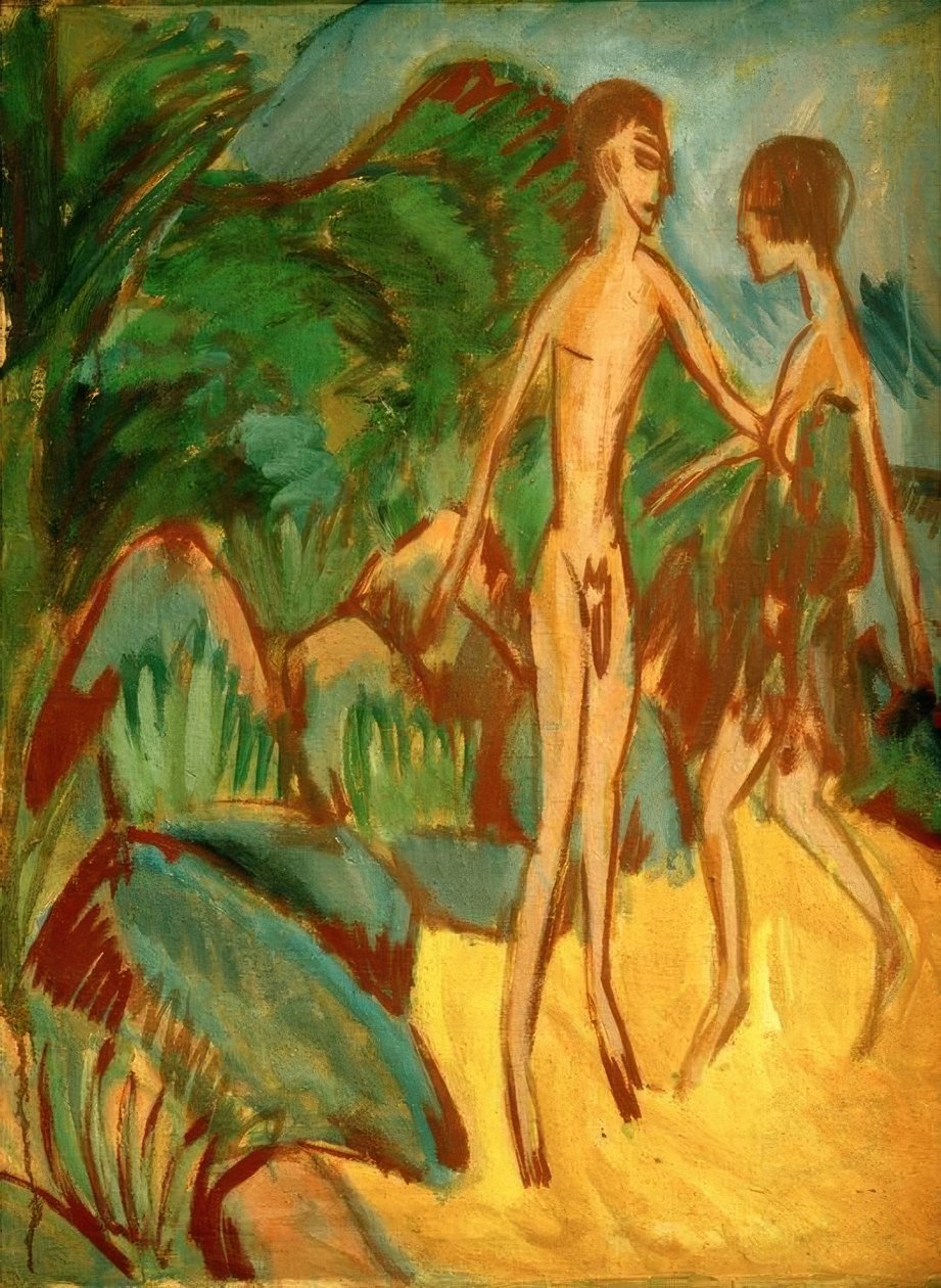 Jovem homem nu e garota na praia de Ernst Ludwig Kirchner