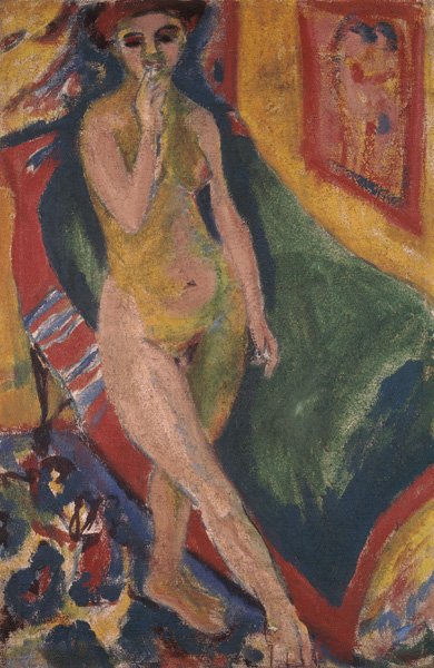 Menina nua na frente do sofá verde de Ernst Ludwig Kirchner