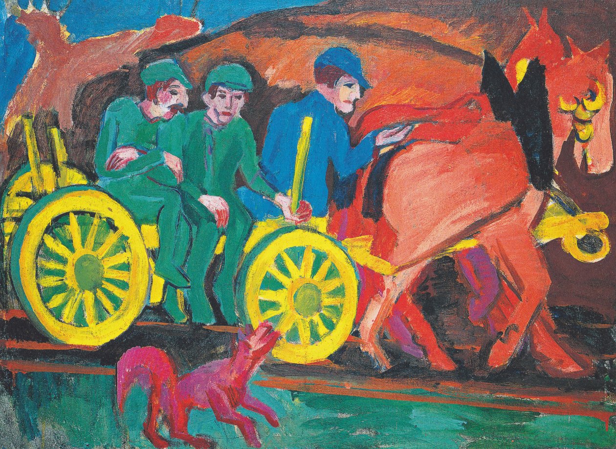 Equipe de cavalo com três agricultores de Ernst Ludwig Kirchner