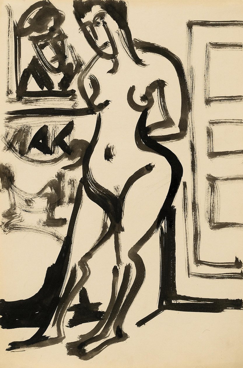 De pé nu na frente da foto no estúdio de Ernst Ludwig Kirchner