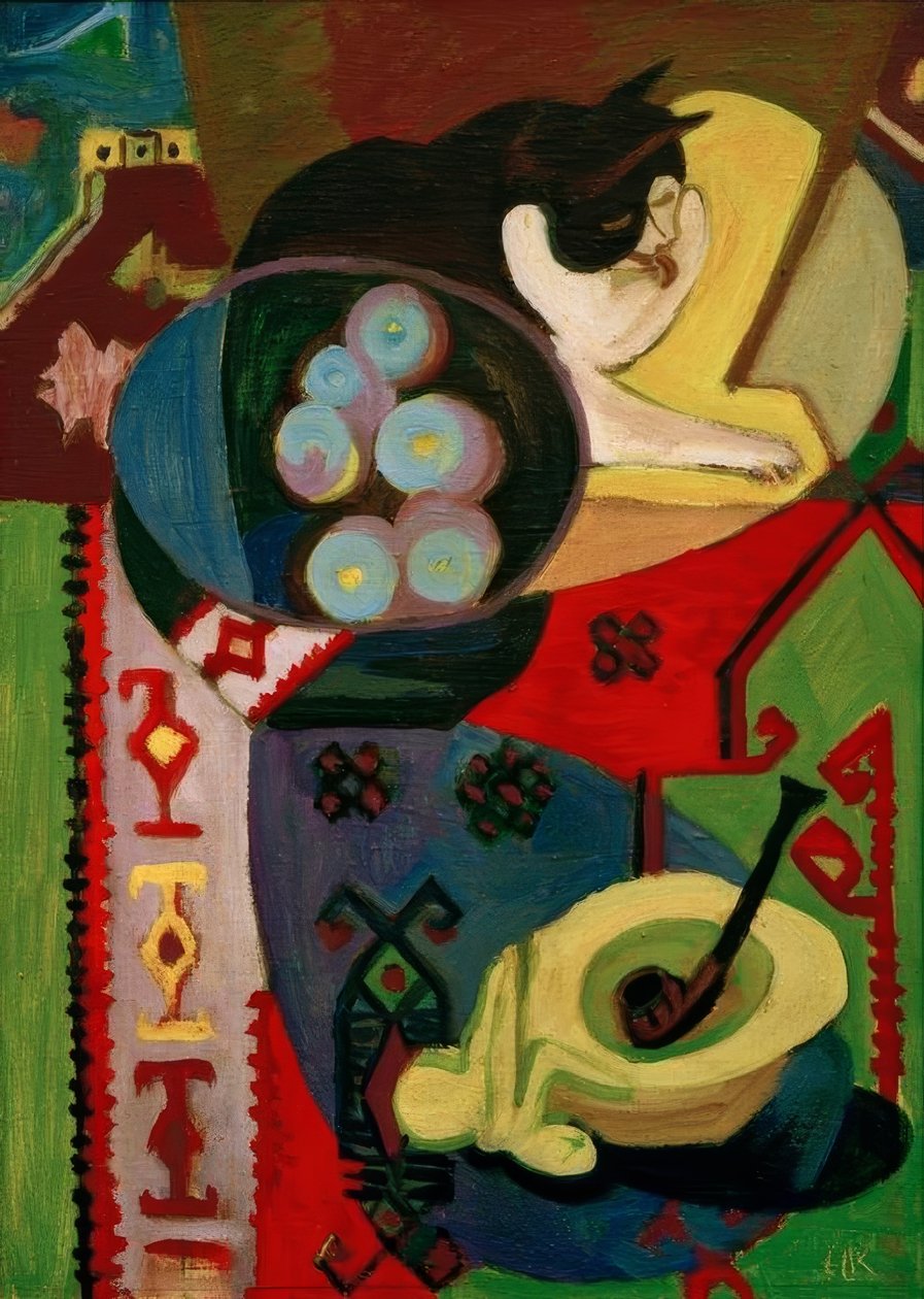 Natureza morta com gato e cachimbo de Ernst Ludwig Kirchner