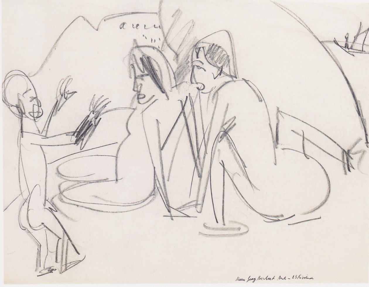 Duas mulheres, e, escultura, praia de Ernst Ludwig Kirchner