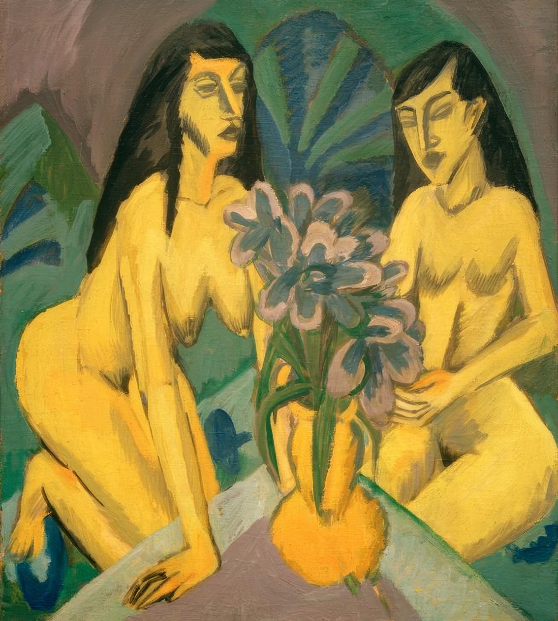 Dois nus amarelos com ramo de flores de Ernst Ludwig Kirchner