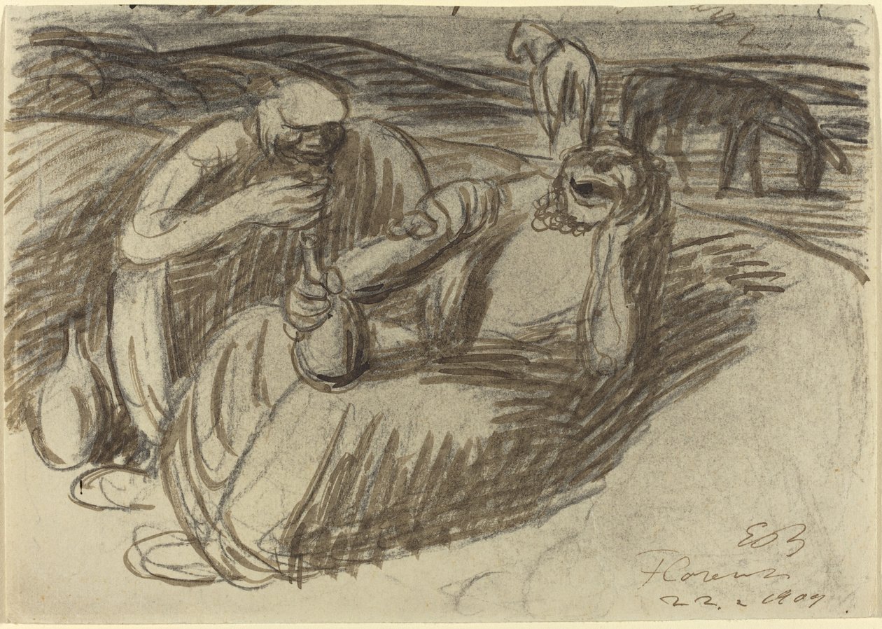 Camponeses italianos com garrafas de vinho, 1909. de Ernst Barlach