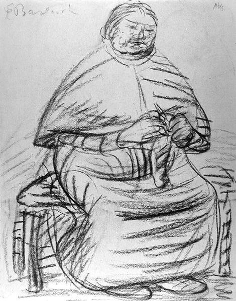Mulher idosa tricotando (carvão vegetal sobre papel) (foto a p/b) de Ernst Barlach