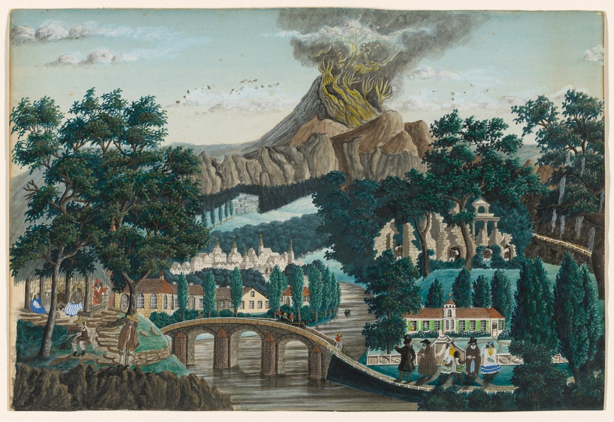 Paisagem com vulcão em erupção, ponte e festa de casamento de Ernst Damitz