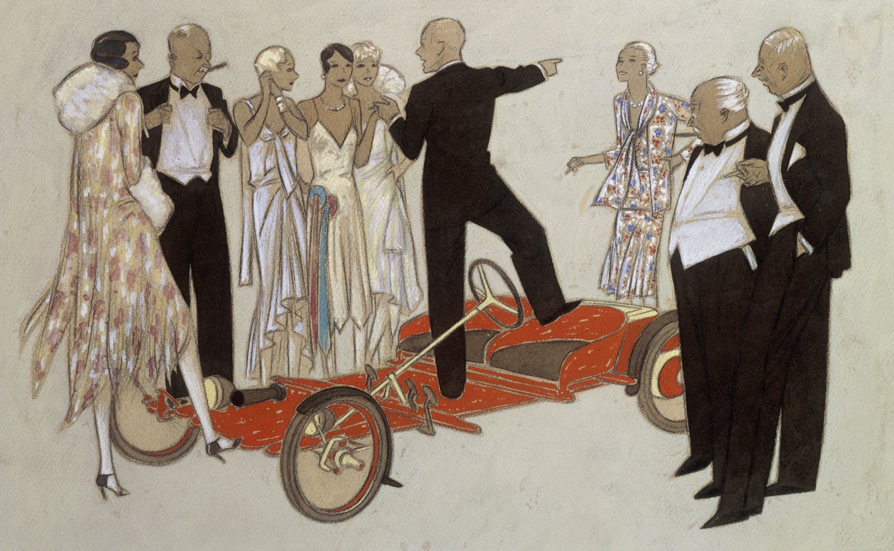 Um grupo de senhoras e senhores em trajes de gala ouvindo um palestrante em um Bugatti &39;Red Bug&39; de Ernst Deutsch Dryden