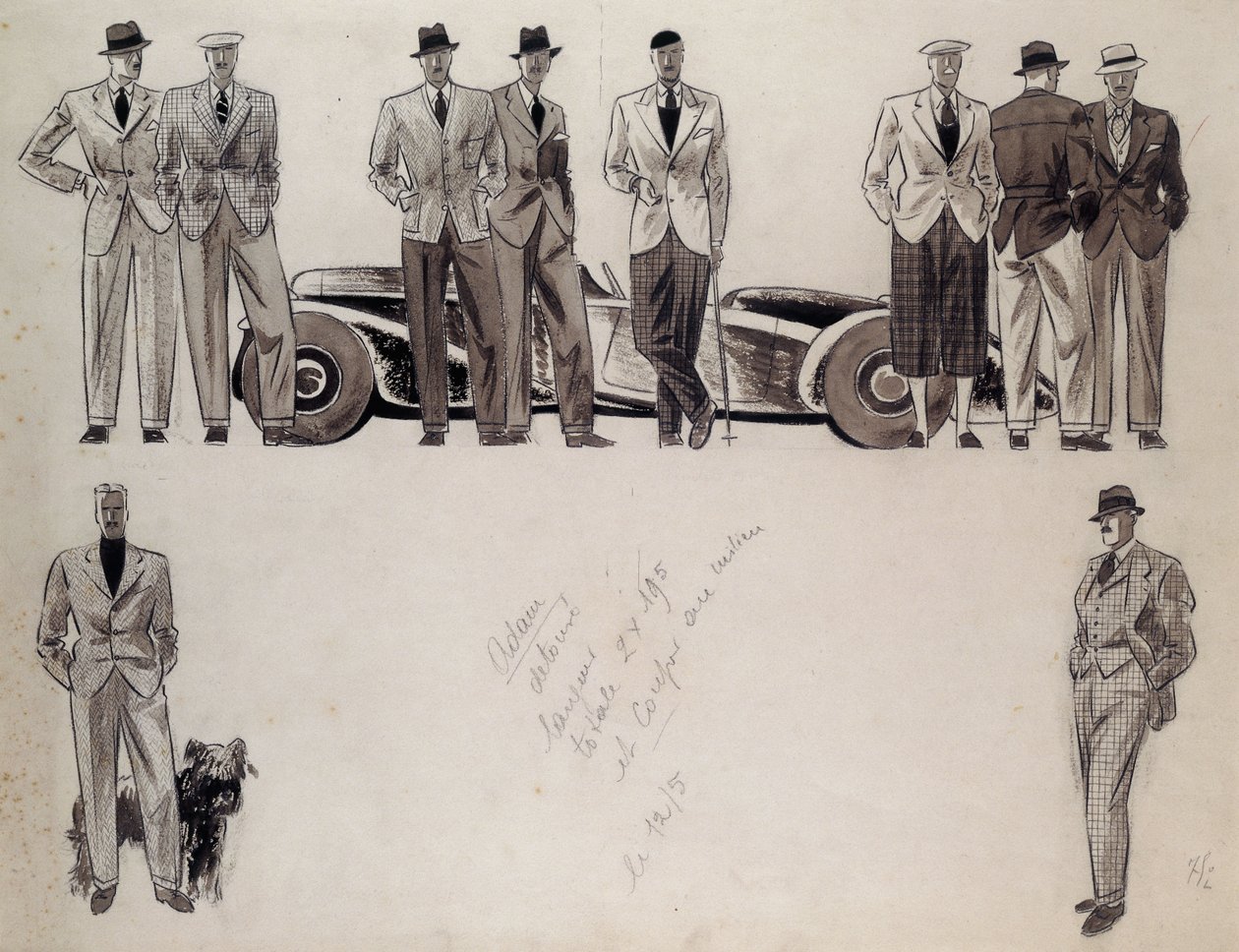 Design de moda para &39;Adam&39;, retratando dez modelos masculinos em pé ao lado de um carro de Ernst Deutsch Dryden