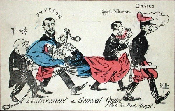 Enterro do General André, realizado primeiro por Joseph Reinach (1856-1921), Gabriel Syveton (1864-1904), Guyot de Villeneuve, e Alfred Dreyfus (1855-1935) 1913 (gravura colorida à mão) de Ernst Emmanuel Muller