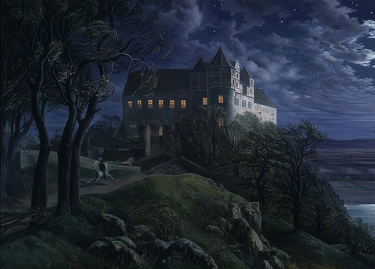 Castelo de Scharfenberg à noite. 1827 de Ernst Ferdinand Oehme