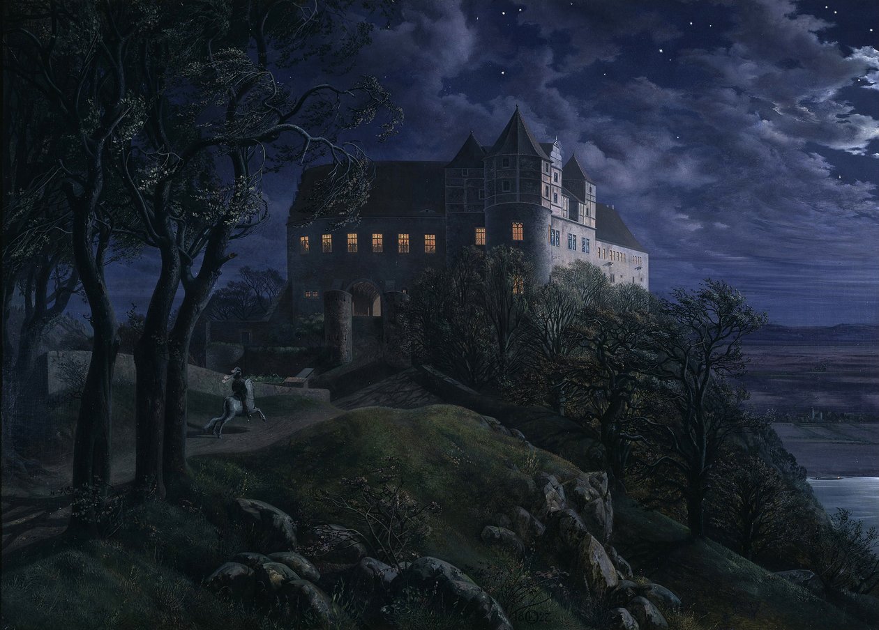 Castelo Scharfenberg à noite, 1827 de Ernst Ferdinand Oehme