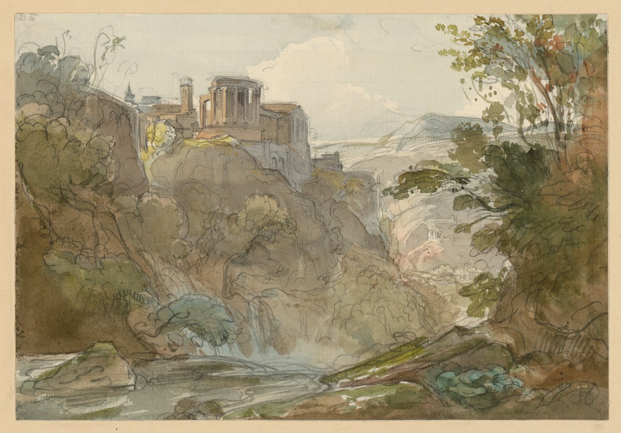 Paisagem montanhosa com o Templo da Sibila em Tivoli de Ernst Fries