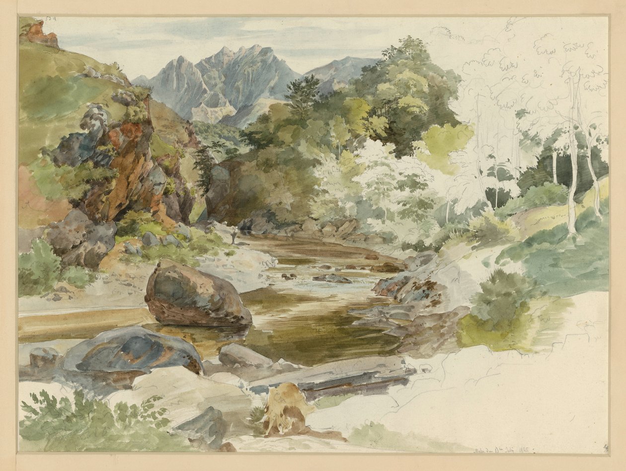 Vale fluvial arborizado e rochoso perto de Massa de Ernst Fries
