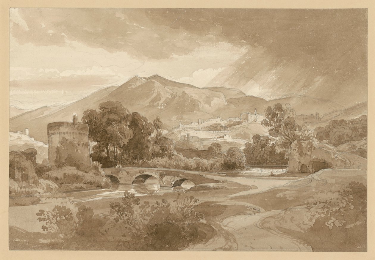 Vista de Tivoli, com o Anio em primeiro plano, a Ponte Lucano e o túmulo dos Plautii de Ernst Fries