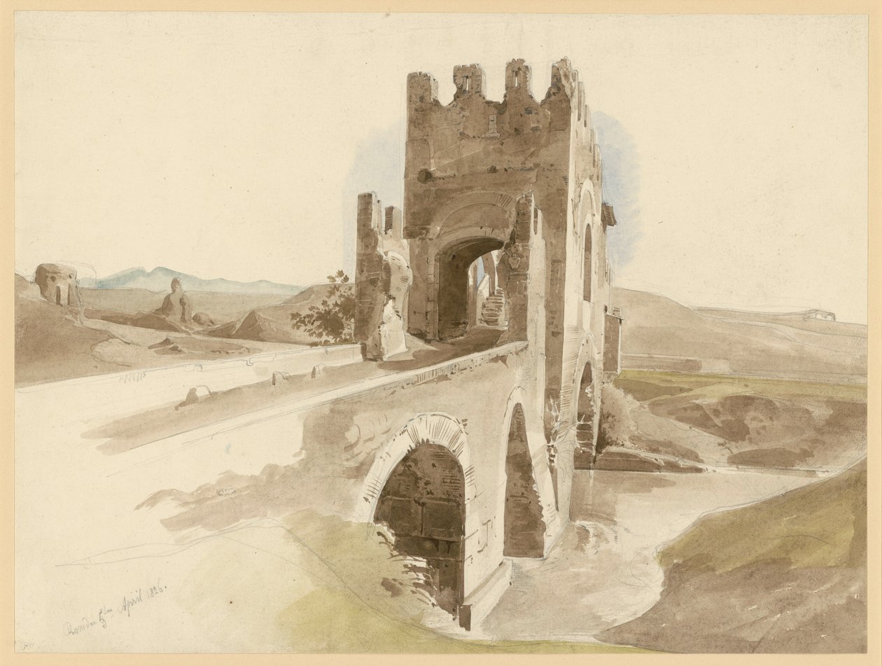 A Campagna, com a ponte de pedra sobre o rio Tibre, perto de Roma de Ernst Fries