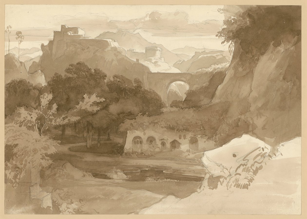Paisagem montanhosa rochosa com viaduto. Motivo dos montes Sabinos de Ernst Fries