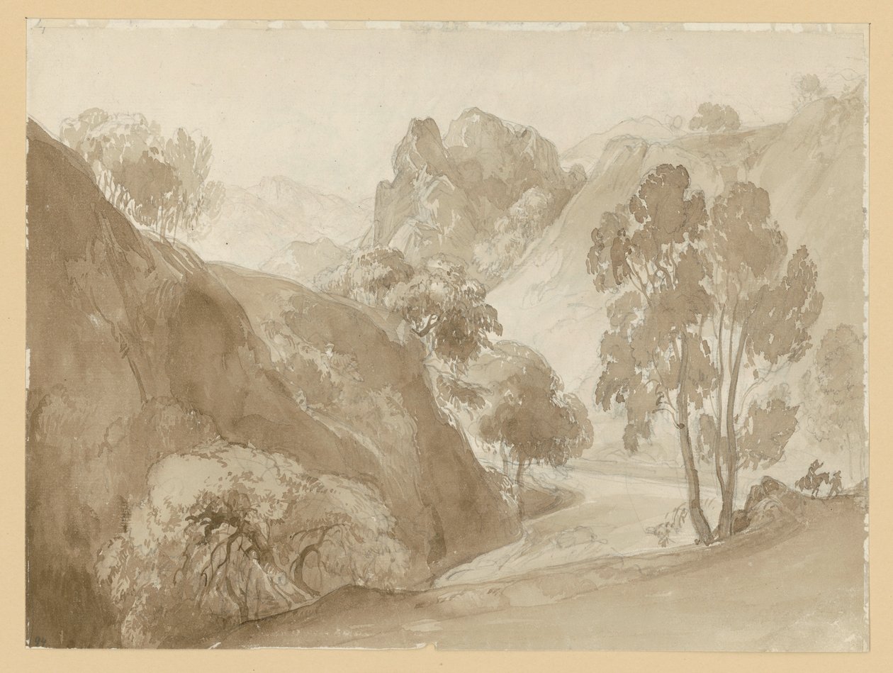 Vale fluvial e paisagem montanhosa, com figuras no caminho de Ernst Fries