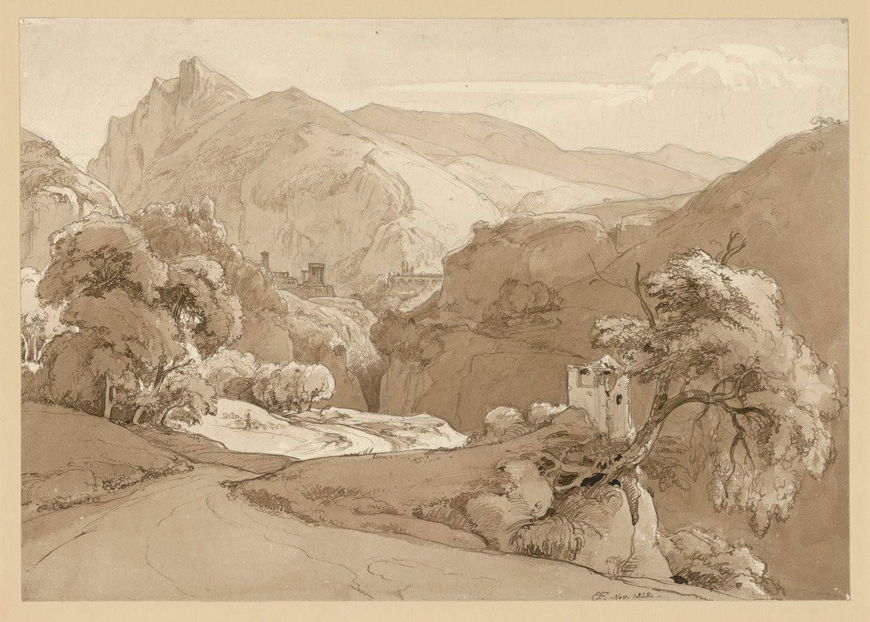 Paisagem montanhosa italiana; em segundo plano, as ruínas de um templo circular de Ernst Fries