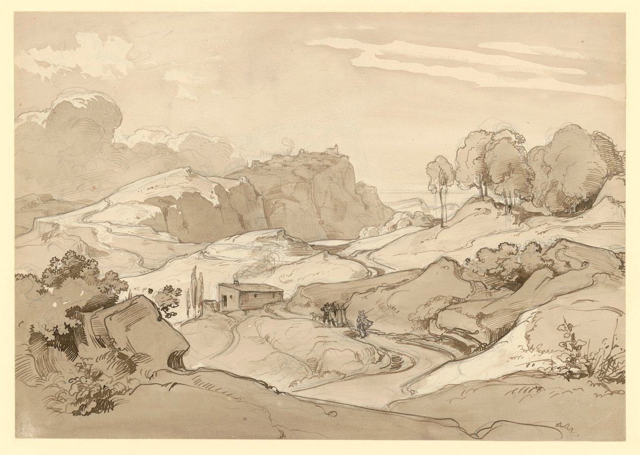 Paisagem italiana com colinas rochosas e árvores, uma cabana e figuras de staffage junto ao caminho de Ernst Fries
