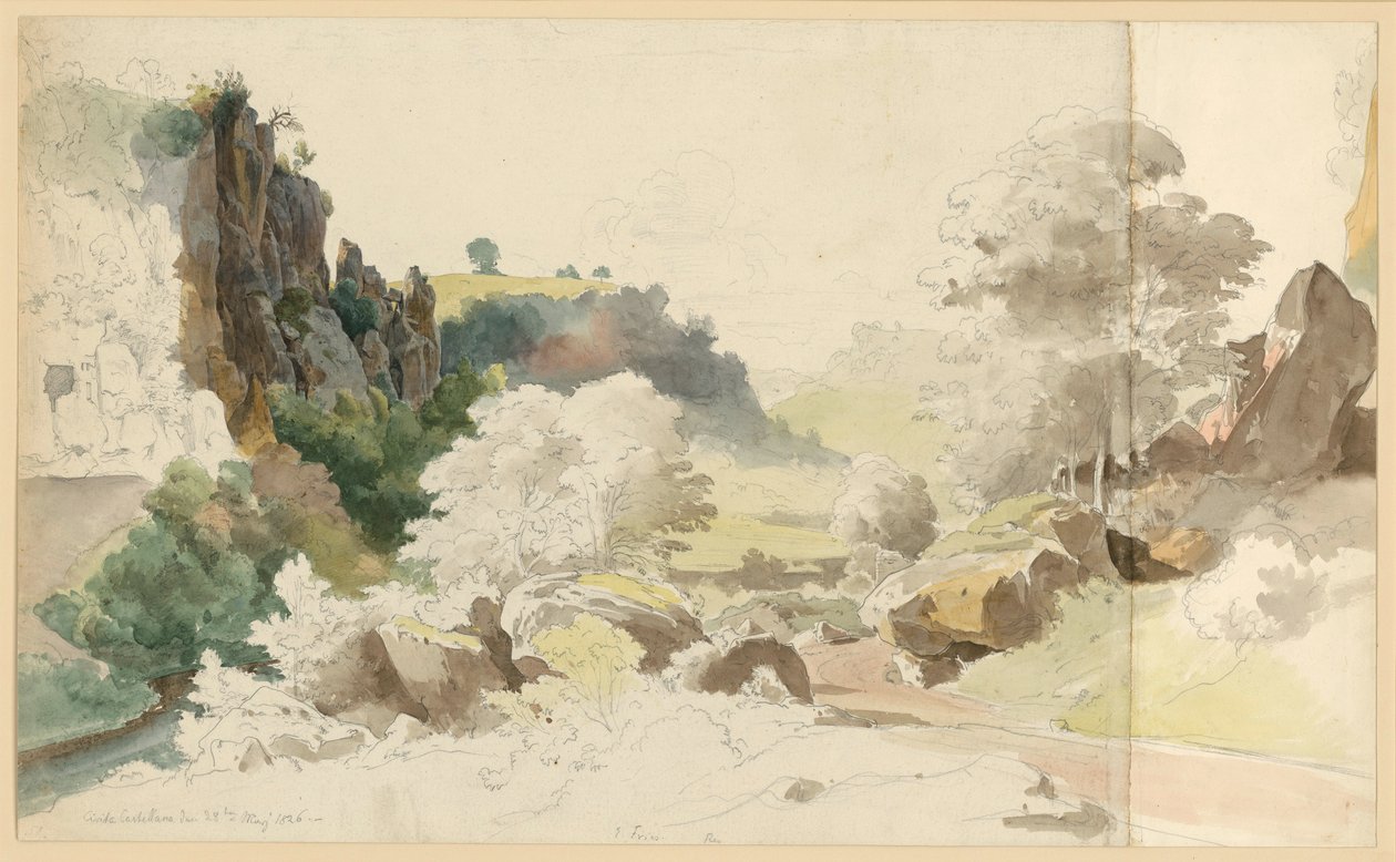 Paisagem com formação rochosa e árvores perto de Civita Castellana de Ernst Fries