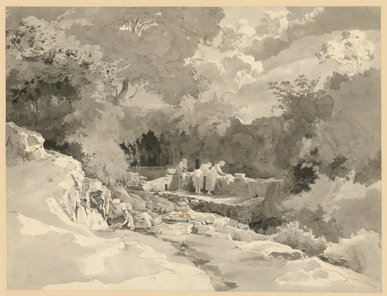 Paisagem com mulheres na fonte de lavagem de Ernst Fries