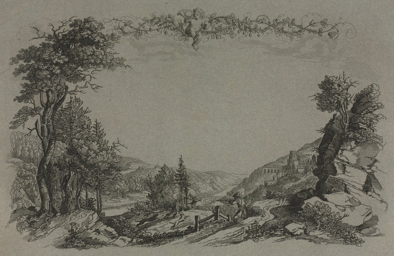 Seis vistas do castelo de Heidelberg: capa, cena de caça de Ernst Fries